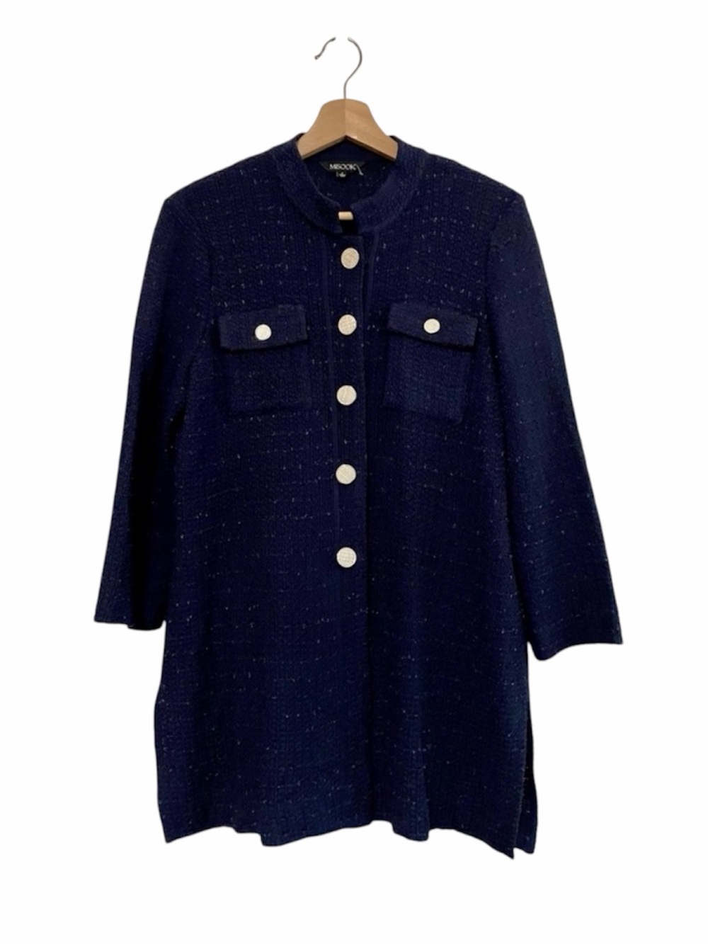 Misook Navy Blue Textured Knit Button Front Jacket Tunic 3/4 Sleeve Small